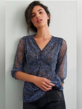 Anthropologie Gretchen Smocked Sheer Blue Textured V-Neck Blouse Size S